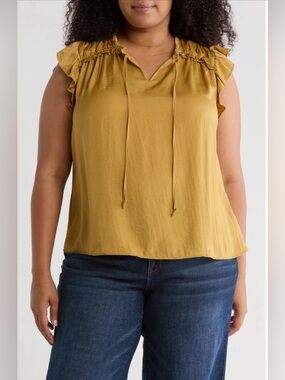 DR2 Daniel Rainn Ruffle Sleeve Tie-Neck Blouse 1X NWT